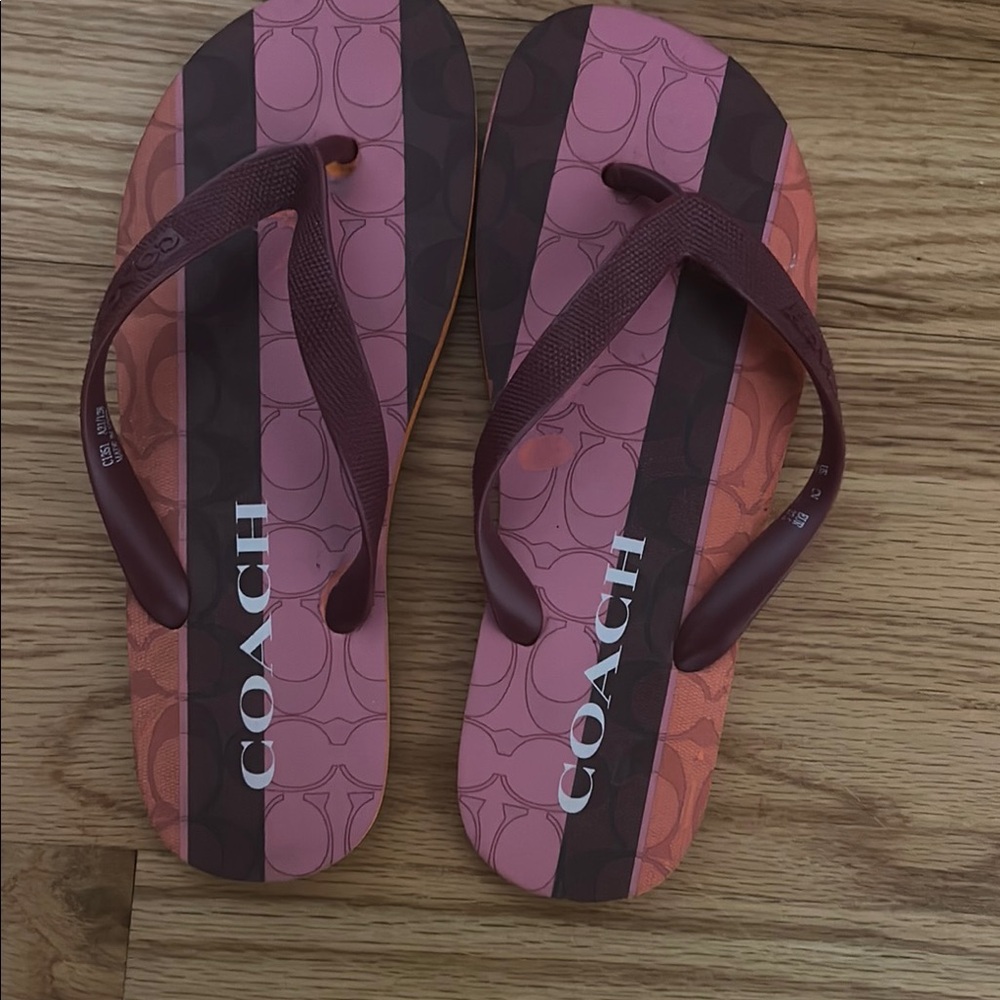 Coach Pink and Brown Striped Flip Flops